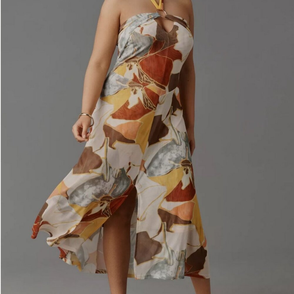 Anthropologie Strapless Midi Dress in Rust, Mustard & Cream Print